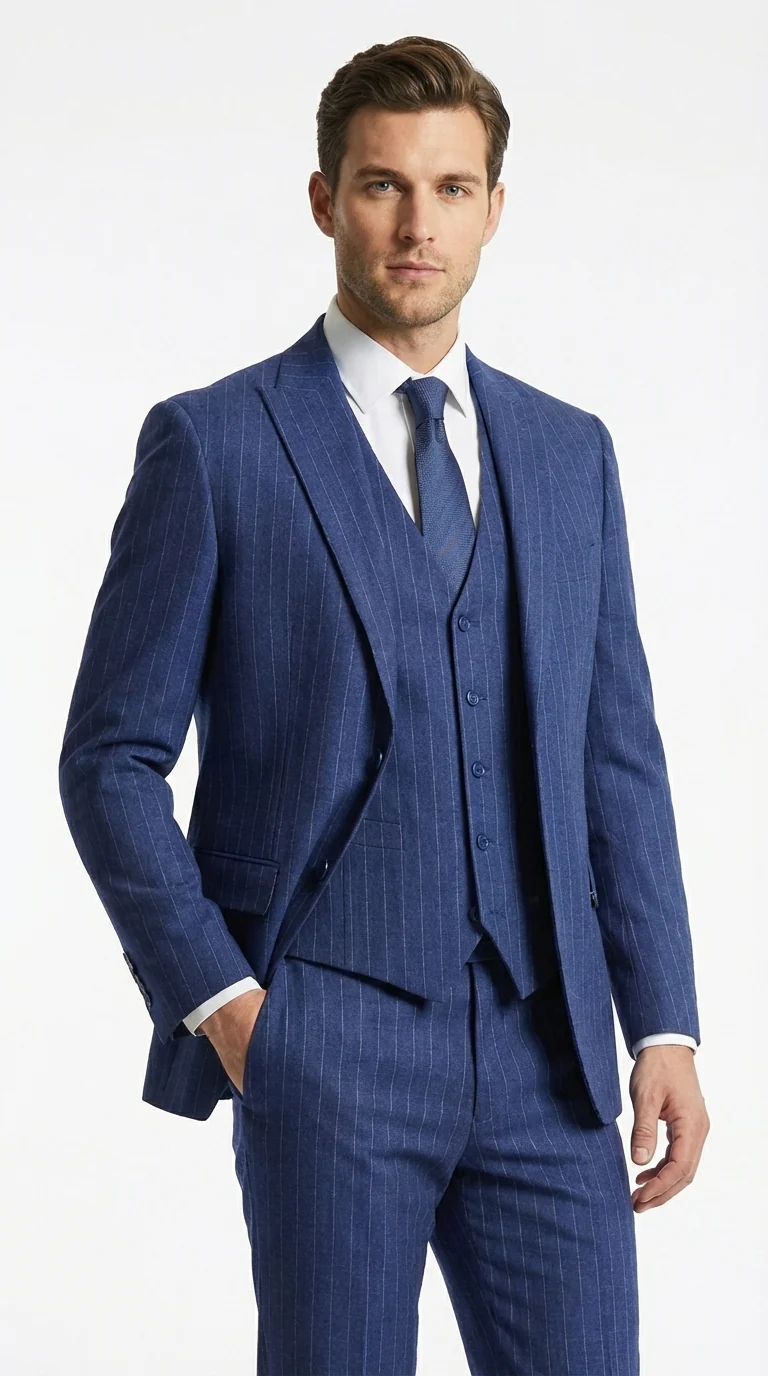 Men’s Cobalt Blue 3 Piece Suit – Indigo Light Blue Pinstripe Formal Suit with Vest for Wedding, Business Modern Fit Two buttons - Image 4