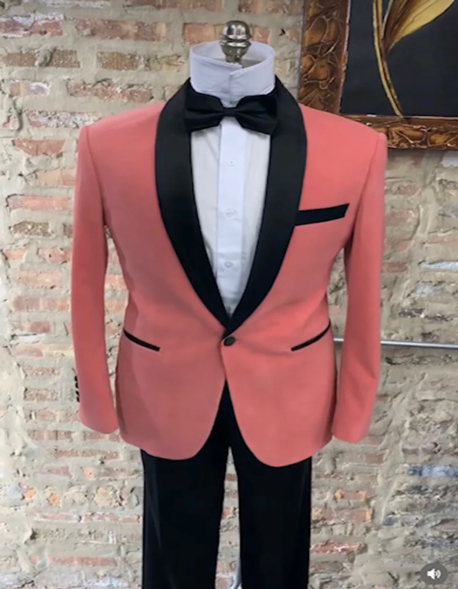 Men’s Coral Pink Tuxedo Jacket with Black Satin Shawl Lapel Velvet Fabric – Modern Slim Fit Formal Blazer - Image 9