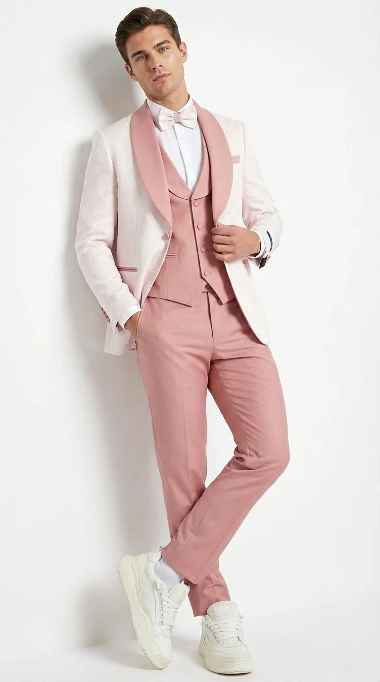 Men’s Cream and Rose Pink Prom Suit – Cream Tuxedo Jacket with Rose Pink Pants and Shawl Lapel Formal Suit for Prom and Wedding - Image 3
