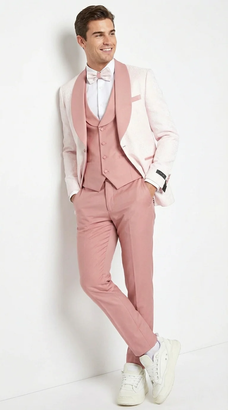 Men’s Cream and Rose Pink Prom Suit – Cream Tuxedo Jacket with Rose Pink Pants and Shawl Lapel Formal Suit for Prom and Wedding - Image 5