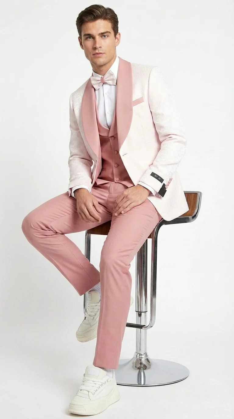 Men’s Cream and Rose Pink Prom Suit – Cream Tuxedo Jacket with Rose Pink Pants and Shawl Lapel Formal Suit for Prom and Wedding - Image 6