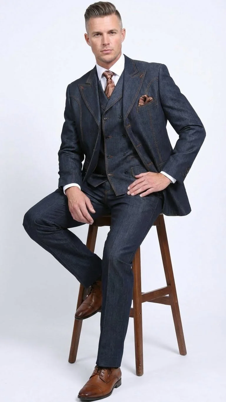 Men’s Dark Denim Blue Fabric Suit – Classic Three Piece Denim Suit for Wedding, Party and Formal Events - Image 5