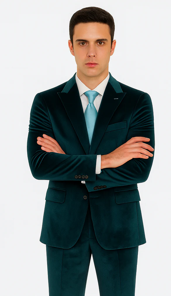 Men’s Designer Teal Velvet Suit – Slim Fit Peak Lapel 2-Piece by Tazzio - Image 6