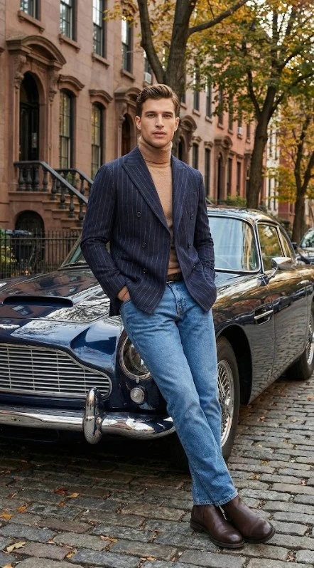 Men’s Double Breasted Navy Blue Pinstripe Blazer – Stripe Sport Coat Jacket - Image 4
