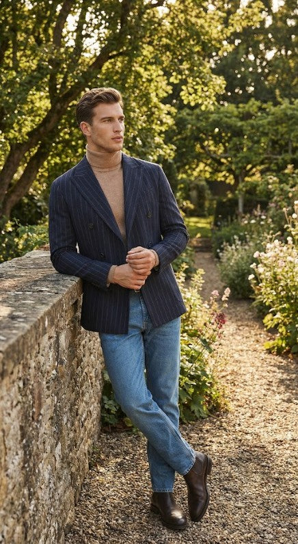 Men’s Double Breasted Navy Blue Pinstripe Blazer – Stripe Sport Coat Jacket - Image 5