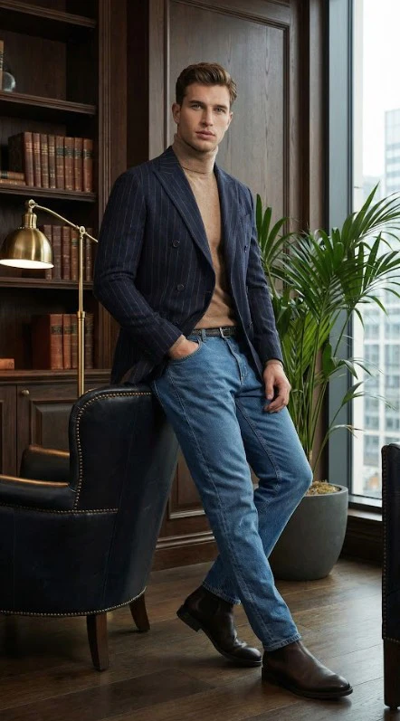 Men’s Double Breasted Navy Blue Pinstripe Blazer – Stripe Sport Coat Jacket - Image 7