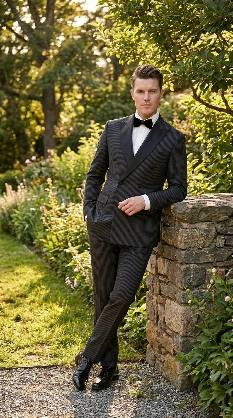Men’s Double Breasted Suit – Classic Peak Lapel Formal Tuxedo Style Suit for Wedding in Black Ton on Tone Pinstripe - Image 11