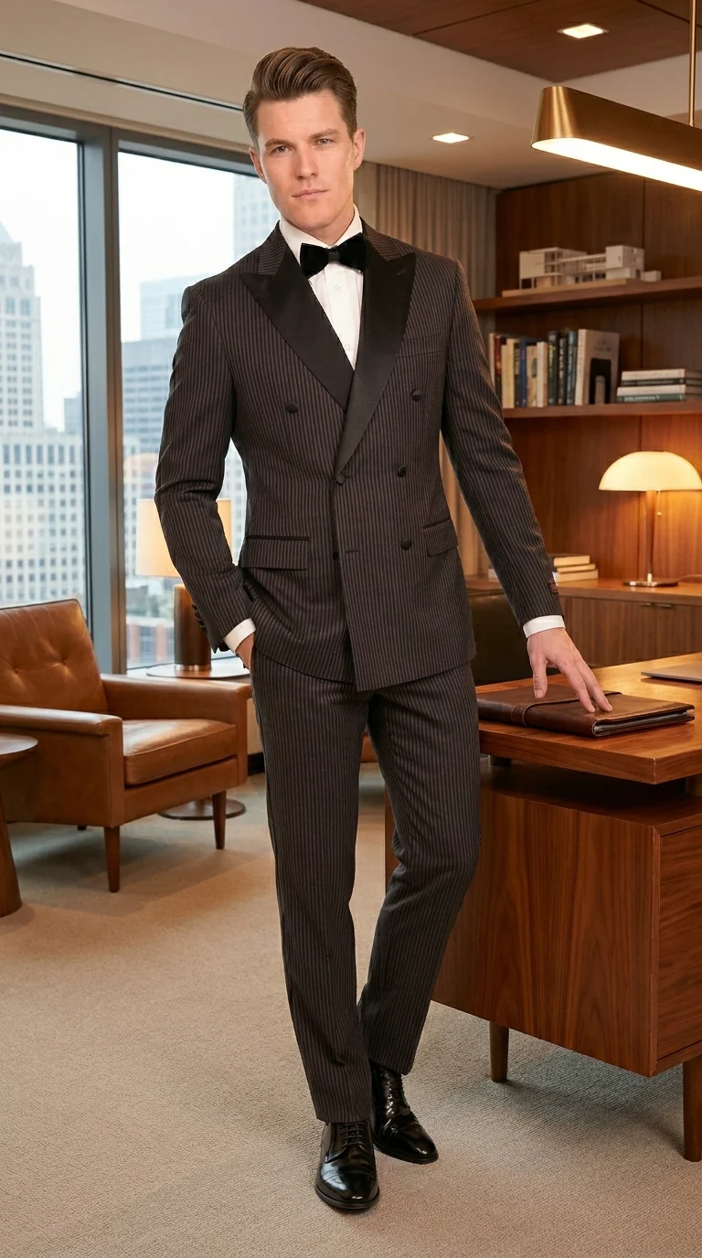 Men’s Double Breasted Suit – Classic Peak Lapel Formal Tuxedo Style Suit for Wedding in Black Ton on Tone Pinstripe - Image 12