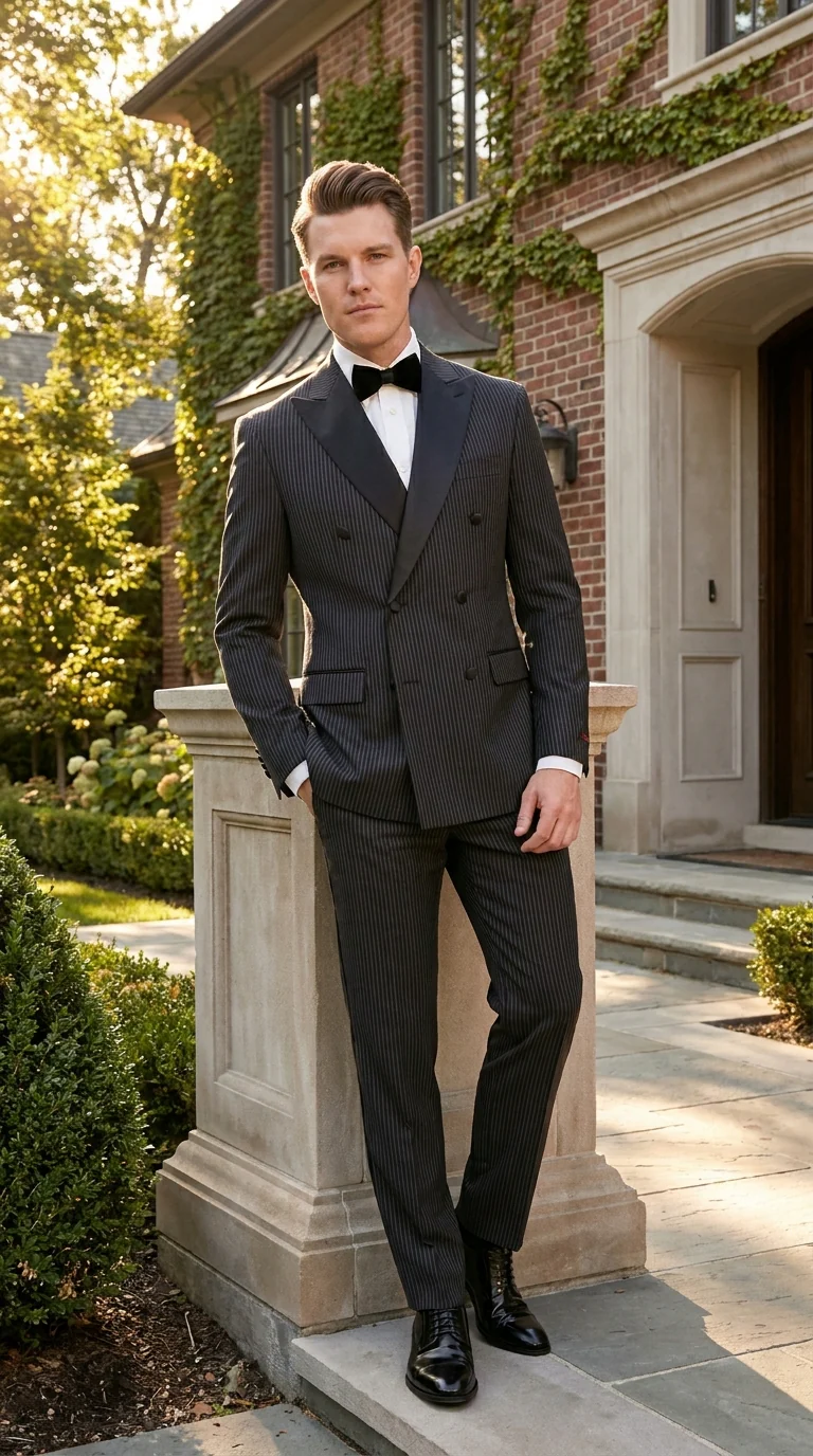 Men’s Double Breasted Suit – Classic Peak Lapel Formal Tuxedo Style Suit for Wedding in Black Ton on Tone Pinstripe - Image 13