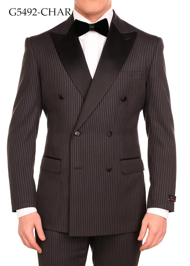Men’s Double Breasted Suit – Classic Peak Lapel Formal Tuxedo Style Suit for Wedding in Black Ton on Tone Pinstripe - Image 15