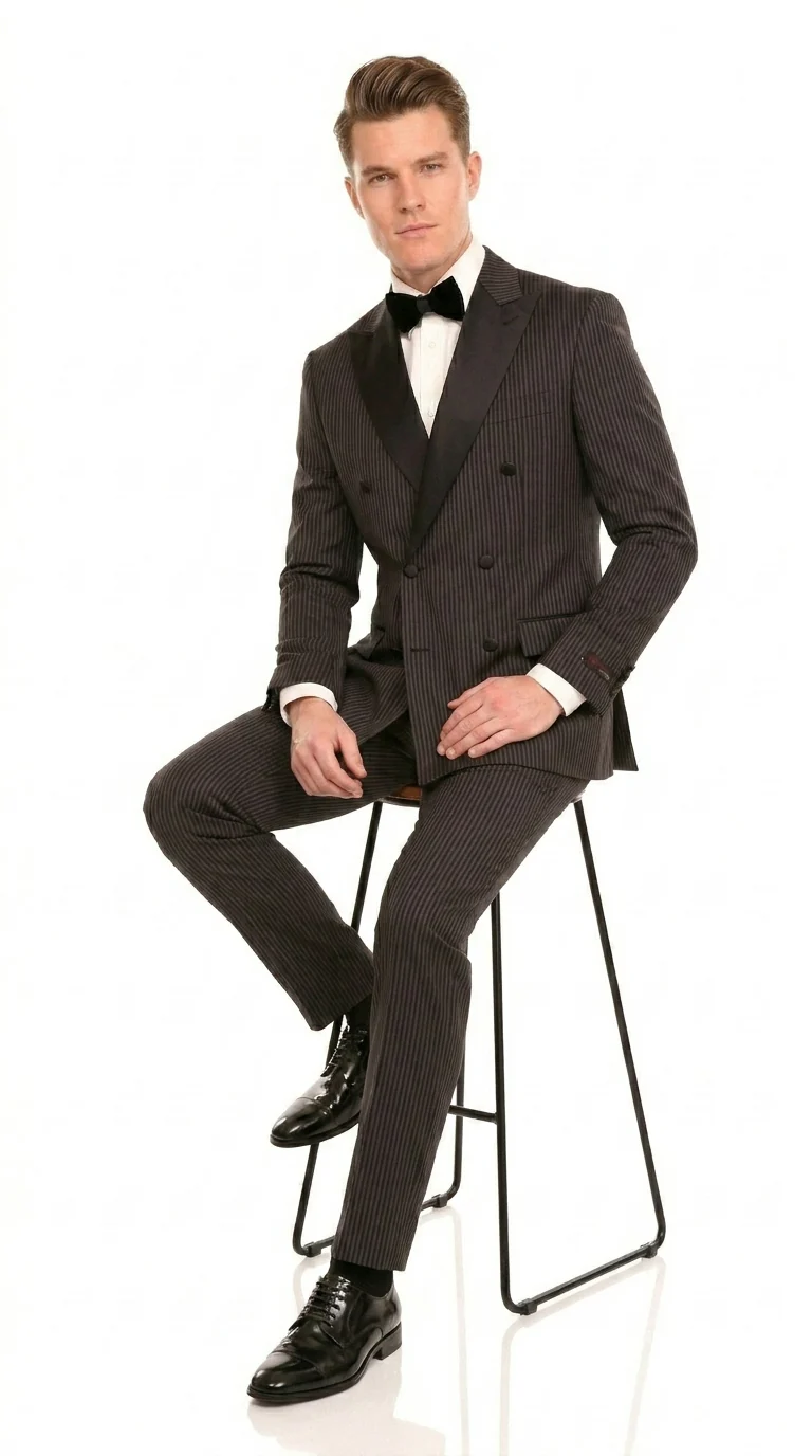 Men’s Double Breasted Suit – Classic Peak Lapel Formal Tuxedo Style Suit for Wedding in Black Ton on Tone Pinstripe - Image 3