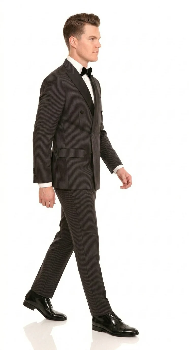 Men’s Double Breasted Suit – Classic Peak Lapel Formal Tuxedo Style Suit for Wedding in Black Ton on Tone Pinstripe - Image 4