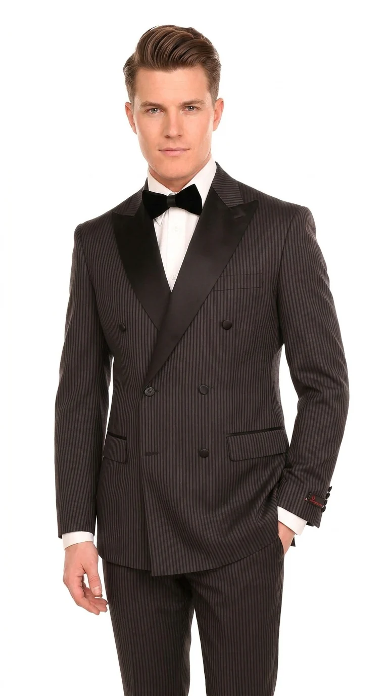 Men’s Double Breasted Suit – Classic Peak Lapel Formal Tuxedo Style Suit for Wedding in Black Ton on Tone Pinstripe - Image 5