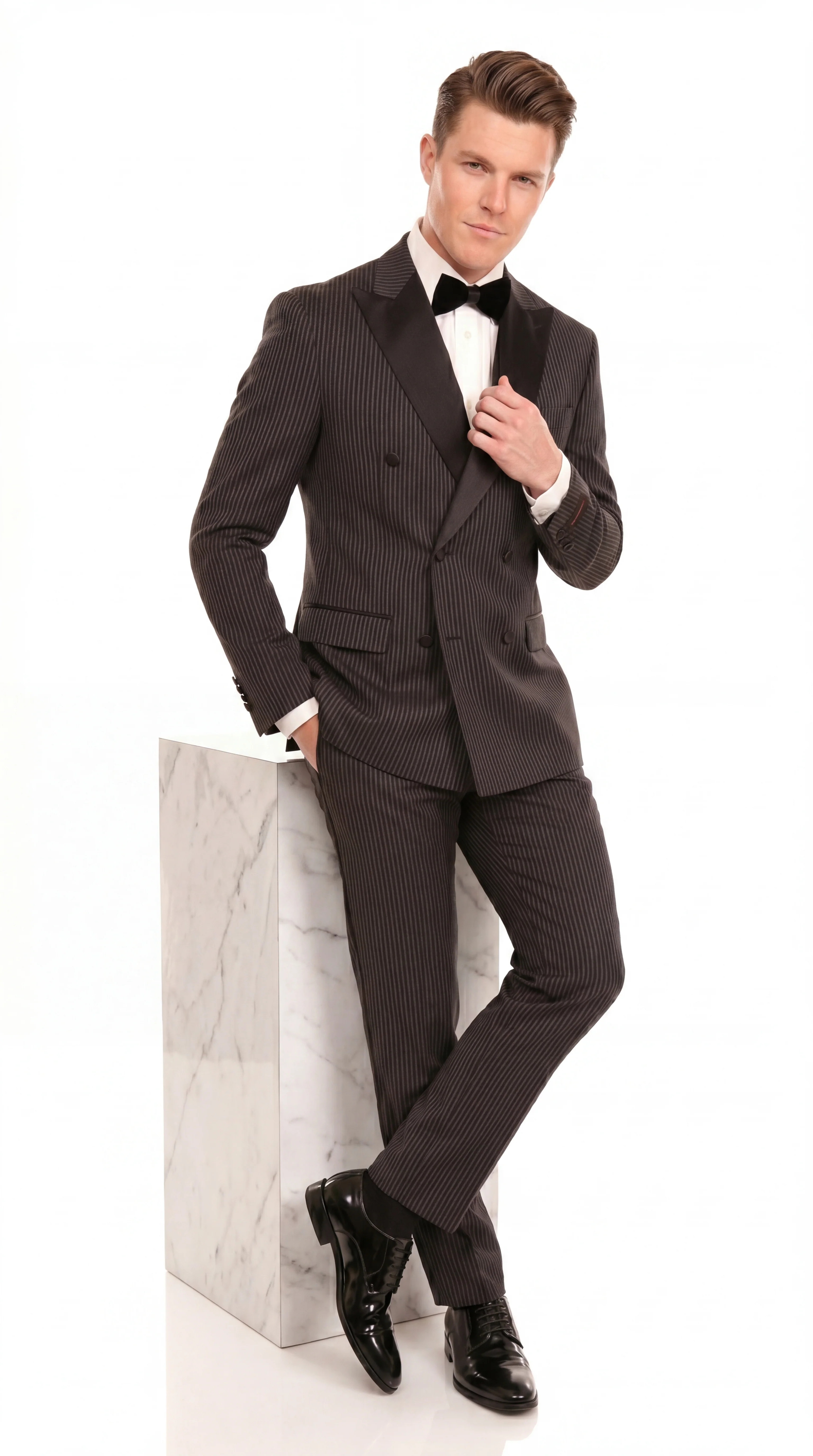 Men’s Double Breasted Suit – Classic Peak Lapel Formal Tuxedo Style Suit for Wedding in Black Ton on Tone Pinstripe - Image 6