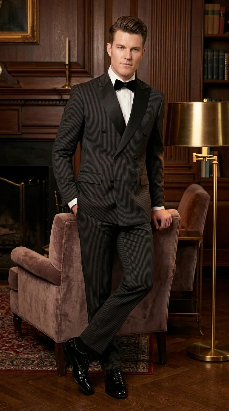 Men’s Double Breasted Suit – Classic Peak Lapel Formal Tuxedo Style Suit for Wedding in Black Ton on Tone Pinstripe - Image 9