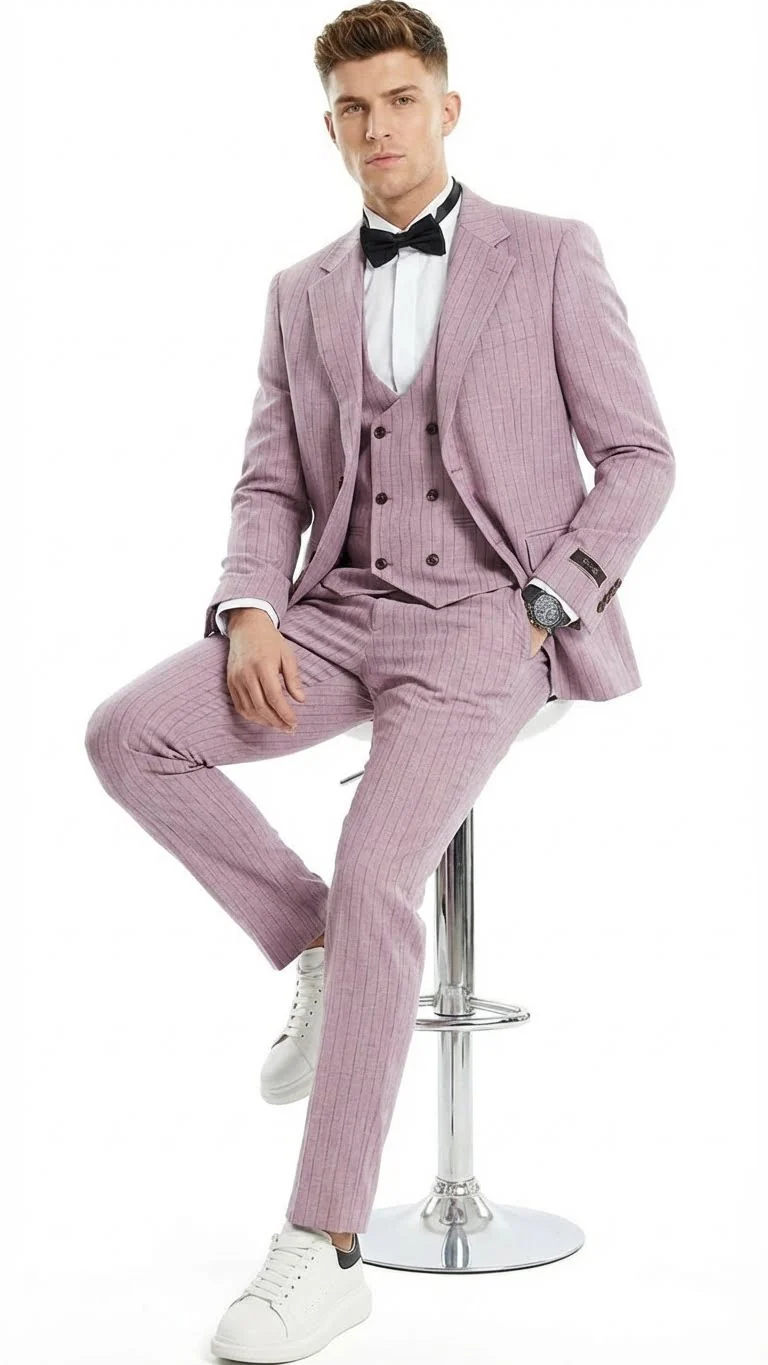 Men’s Dusty Rose Pink Pinstripe Three Piece Suit with Vest | Wedding and Party Formal Wear Prom or Church Suit - Image 5