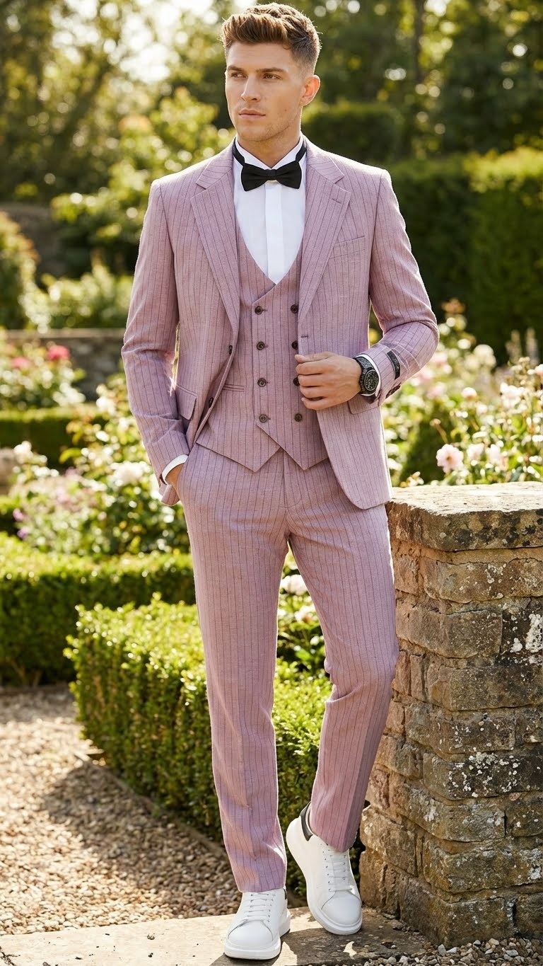 Men’s Dusty Rose Pink Pinstripe Three Piece Suit with Vest | Wedding and Party Formal Wear Prom or Church Suit - Image 8