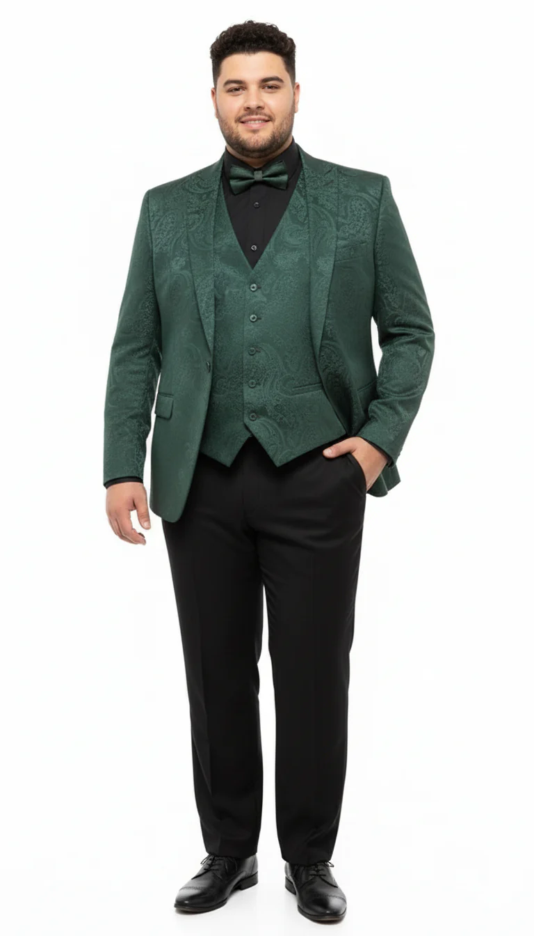Men’s Emerald Green Paisley Tuxedo 3-Piece Suit – Slim Fit Formal Blazer, Vest, and Pants for Weddings, Proms - Image 3