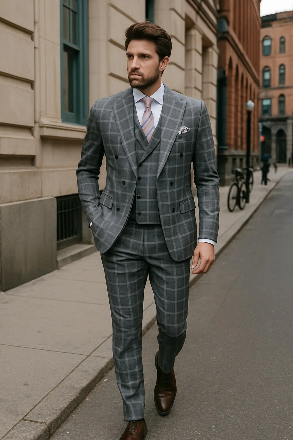 Men’s Gray Checkered 3 Piece Double-Breasted Suit – Slim Fit Formal Outfit - Vested Glend Plaid Pattern Checkered - Image 2