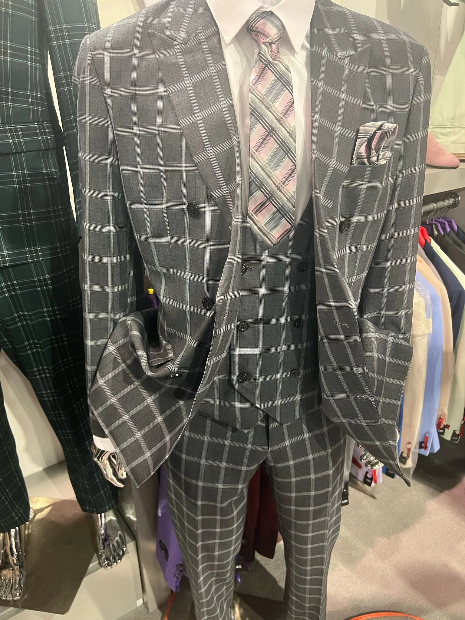 Men’s Gray Checkered 3 Piece Double-Breasted Suit – Slim Fit Formal Outfit - Vested Glend Plaid Pattern Checkered - Image 3