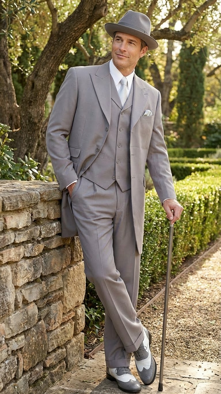 Men’s Gray Zoot Suit with Matching Hat and 1920s Shoes | Grey Vintage Wedding and Party Three Piece Suit - Image 10