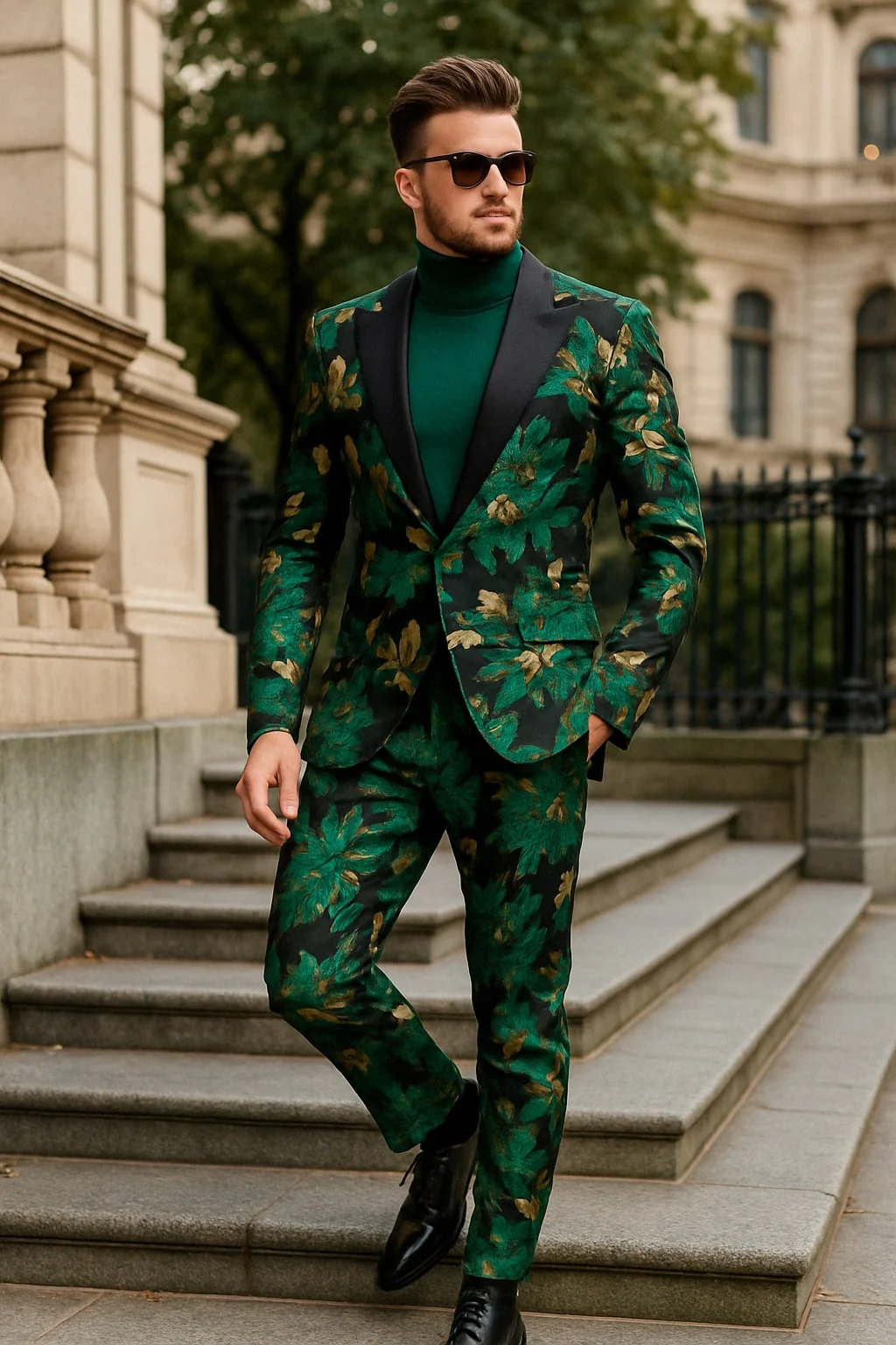 Men’s Green and Gold Floral Tuxedo Suit – Luxury 2 Piece Slim Fit Outfit for Weddings, Proms, and Special Events - Image 2