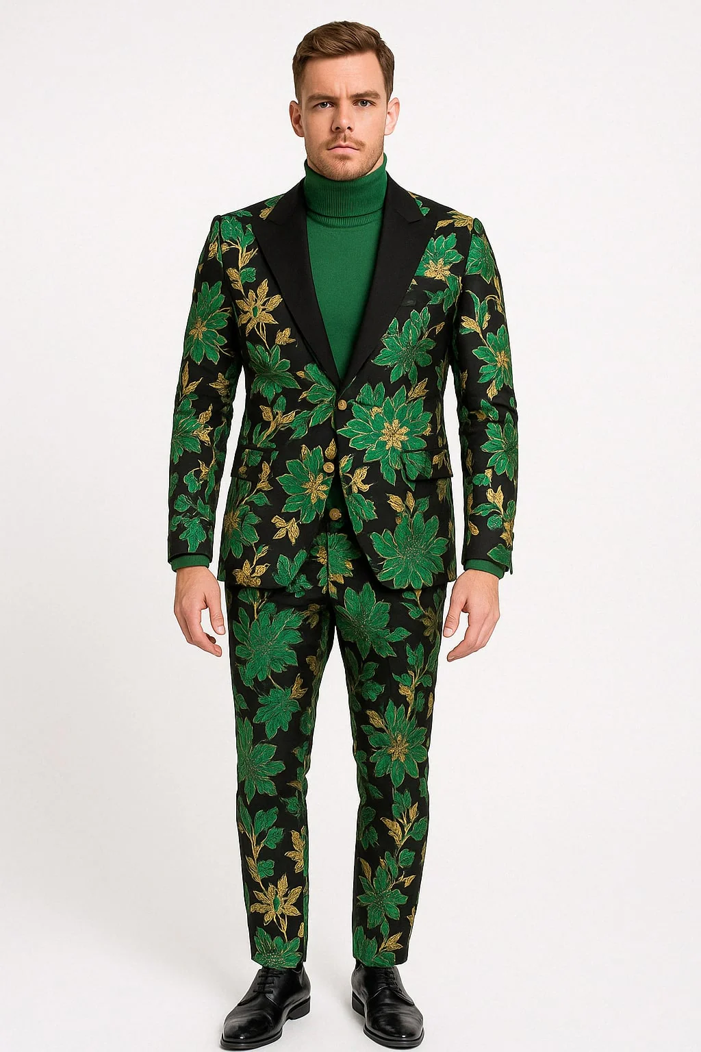 Men’s Green and Gold Floral Tuxedo Suit – Luxury 2 Piece Slim Fit Outfit for Weddings, Proms, and Special Events - Image 3