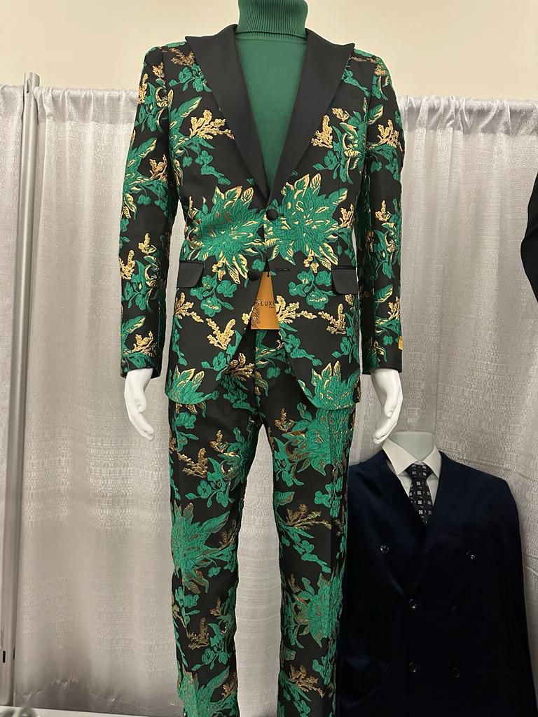 Men’s Green and Gold Floral Tuxedo Suit – Luxury 2 Piece Slim Fit Outfit for Weddings, Proms, and Special Events - Image 4