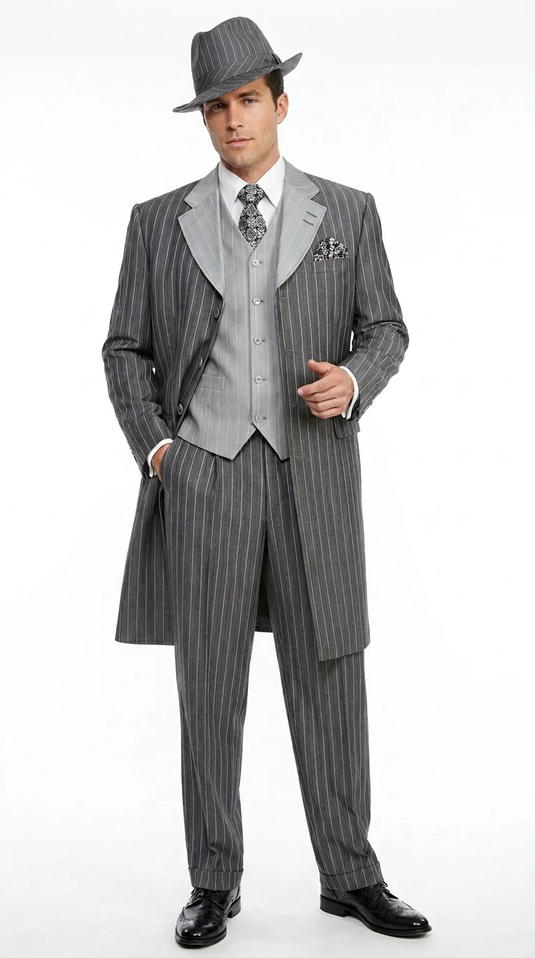 Men’s Grey Pinstripe Zoot Suit 3 Piece – 1920s Gangster Vintage Wide Lapel Suit with Vest for Wedding, Party