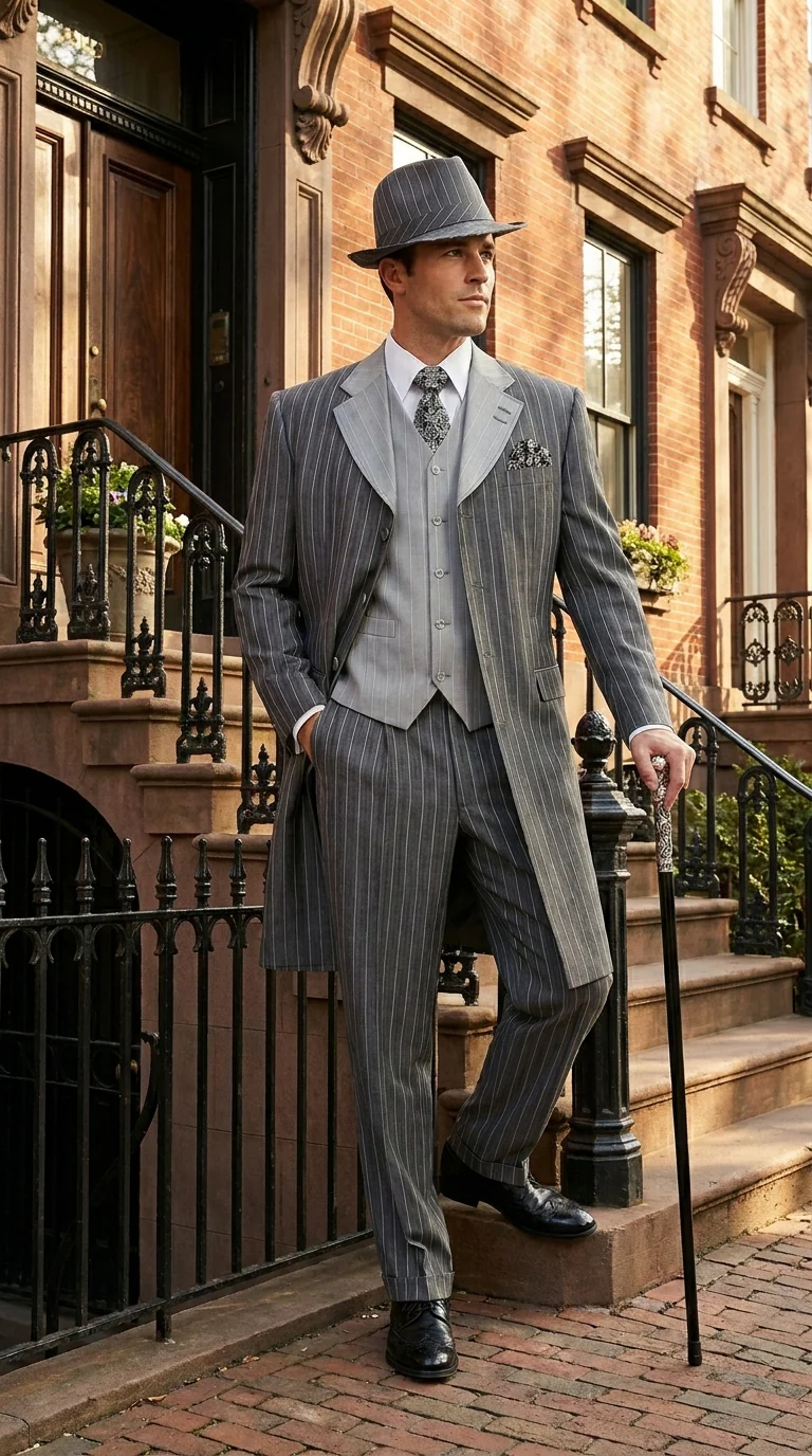 Men’s Grey Pinstripe Zoot Suit 3 Piece – 1920s Gangster Vintage Wide Lapel Suit with Vest for Wedding, Party - Image 11