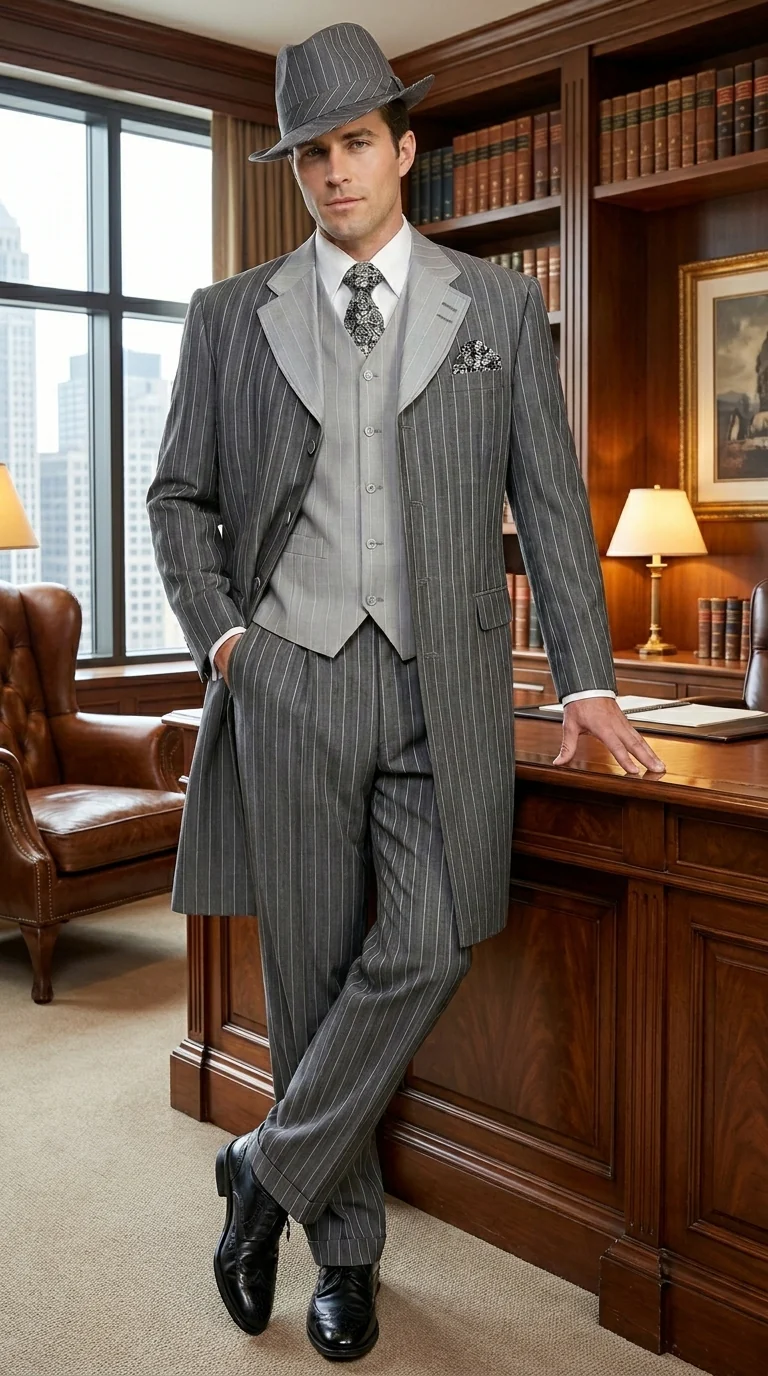 Men’s Grey Pinstripe Zoot Suit 3 Piece – 1920s Gangster Vintage Wide Lapel Suit with Vest for Wedding, Party - Image 13