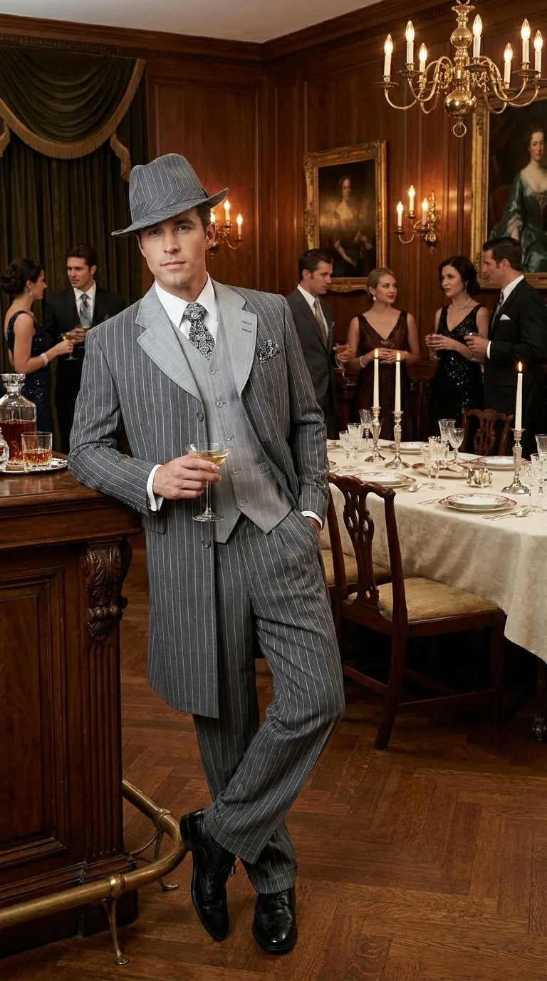 Men’s Grey Pinstripe Zoot Suit 3 Piece – 1920s Gangster Vintage Wide Lapel Suit with Vest for Wedding, Party - Image 14