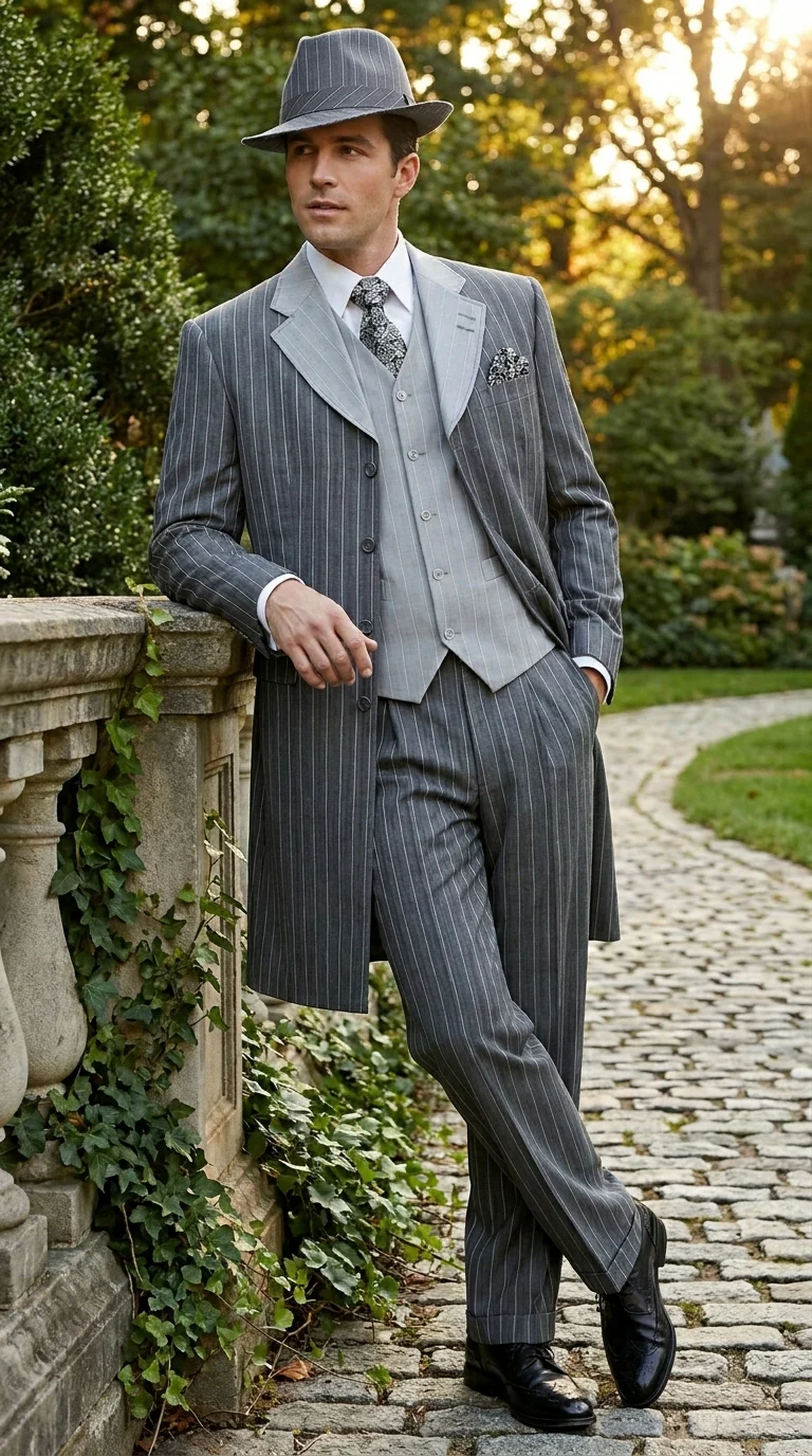Men’s Grey Pinstripe Zoot Suit 3 Piece – 1920s Gangster Vintage Wide Lapel Suit with Vest for Wedding, Party - Image 15