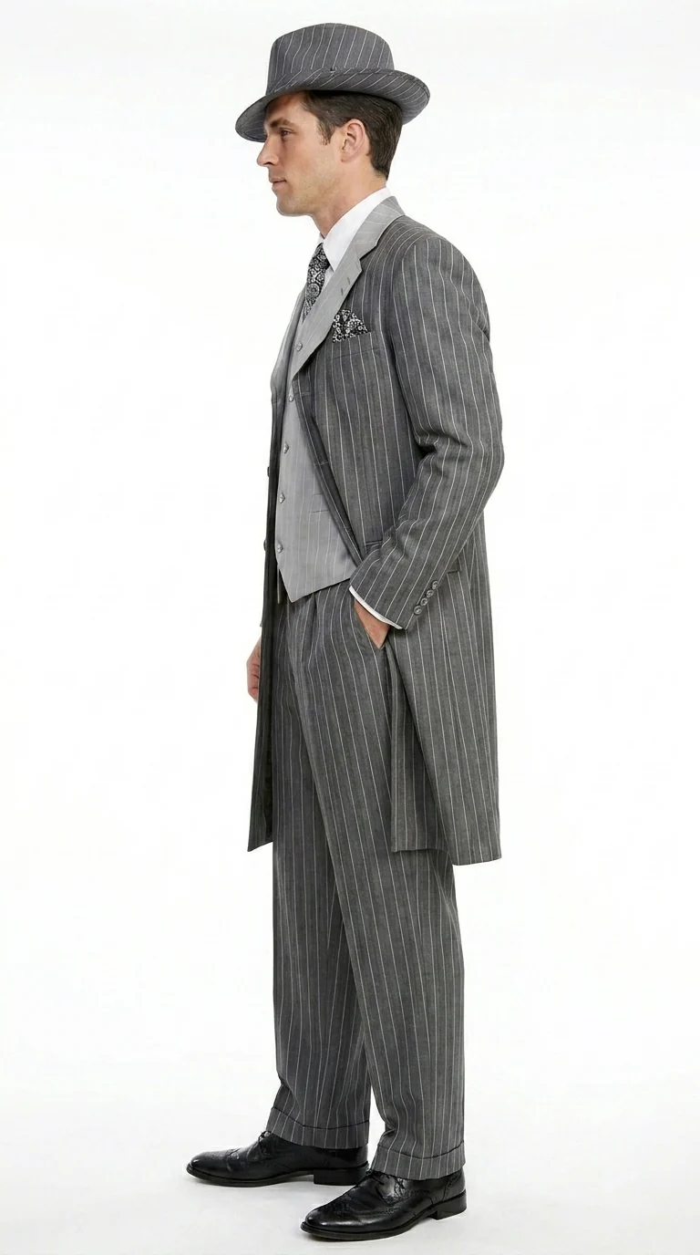 Men’s Grey Pinstripe Zoot Suit 3 Piece – 1920s Gangster Vintage Wide Lapel Suit with Vest for Wedding, Party - Image 3