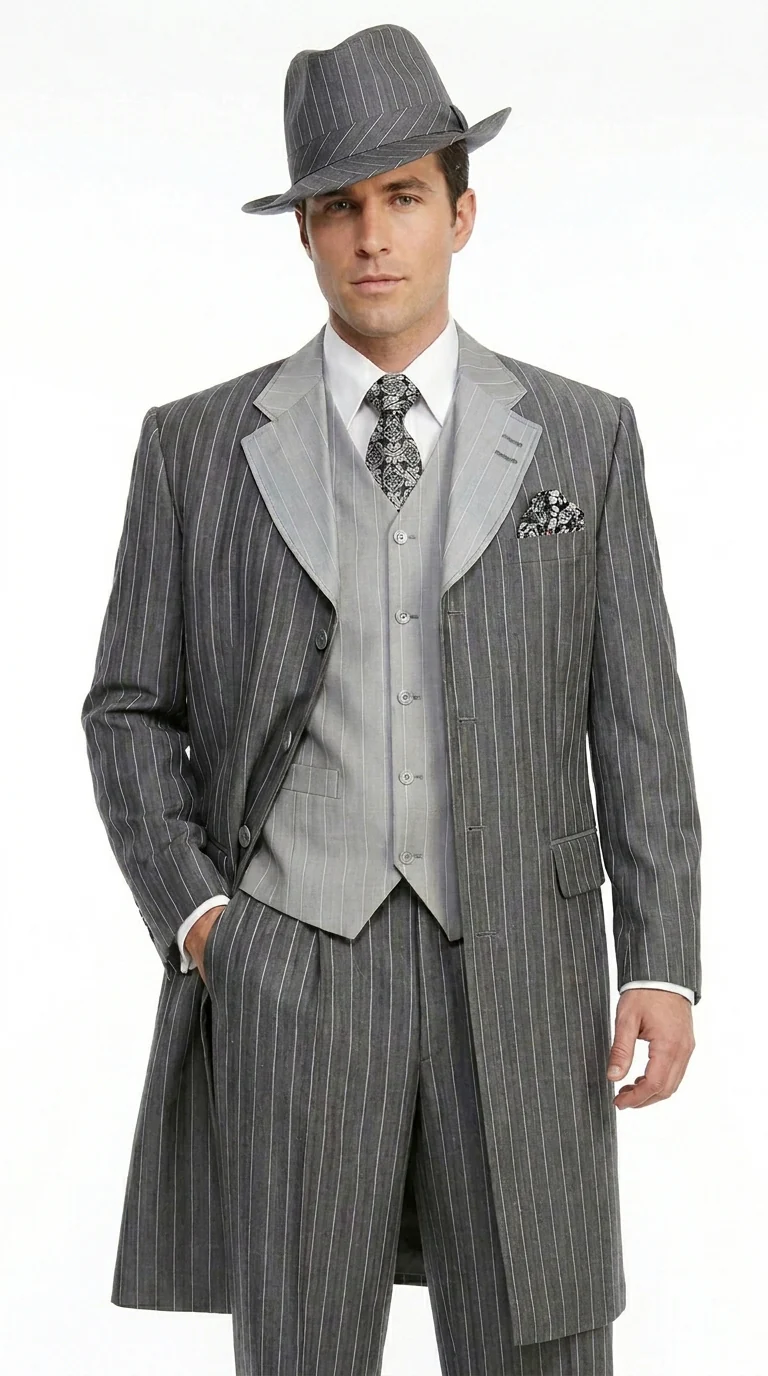 Men’s Grey Pinstripe Zoot Suit 3 Piece – 1920s Gangster Vintage Wide Lapel Suit with Vest for Wedding, Party - Image 4