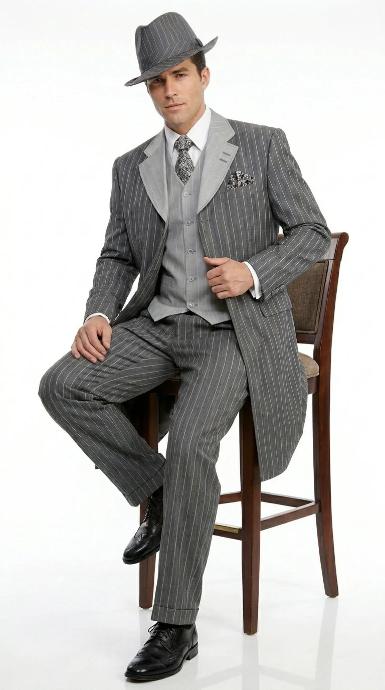 Men’s Grey Pinstripe Zoot Suit 3 Piece – 1920s Gangster Vintage Wide Lapel Suit with Vest for Wedding, Party - Image 5