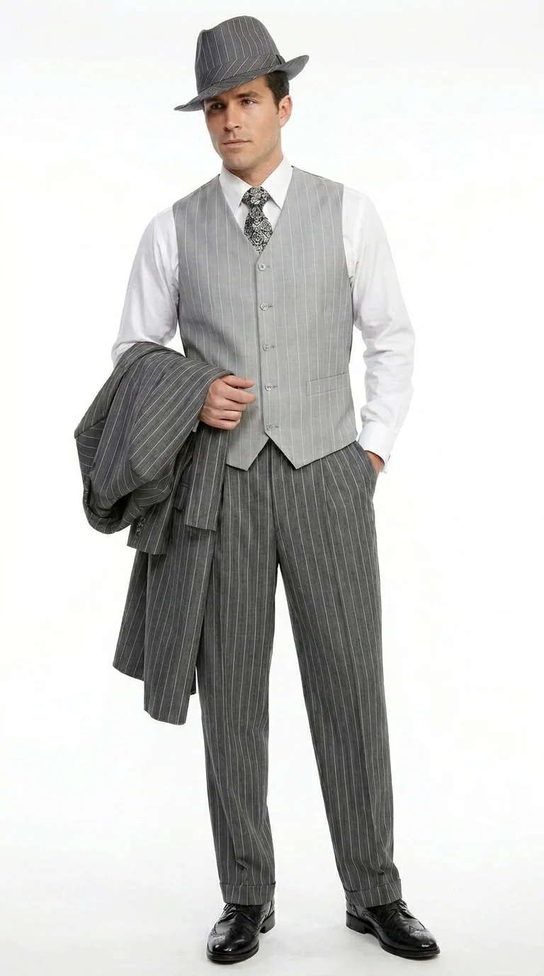 Men’s Grey Pinstripe Zoot Suit 3 Piece – 1920s Gangster Vintage Wide Lapel Suit with Vest for Wedding, Party - Image 6