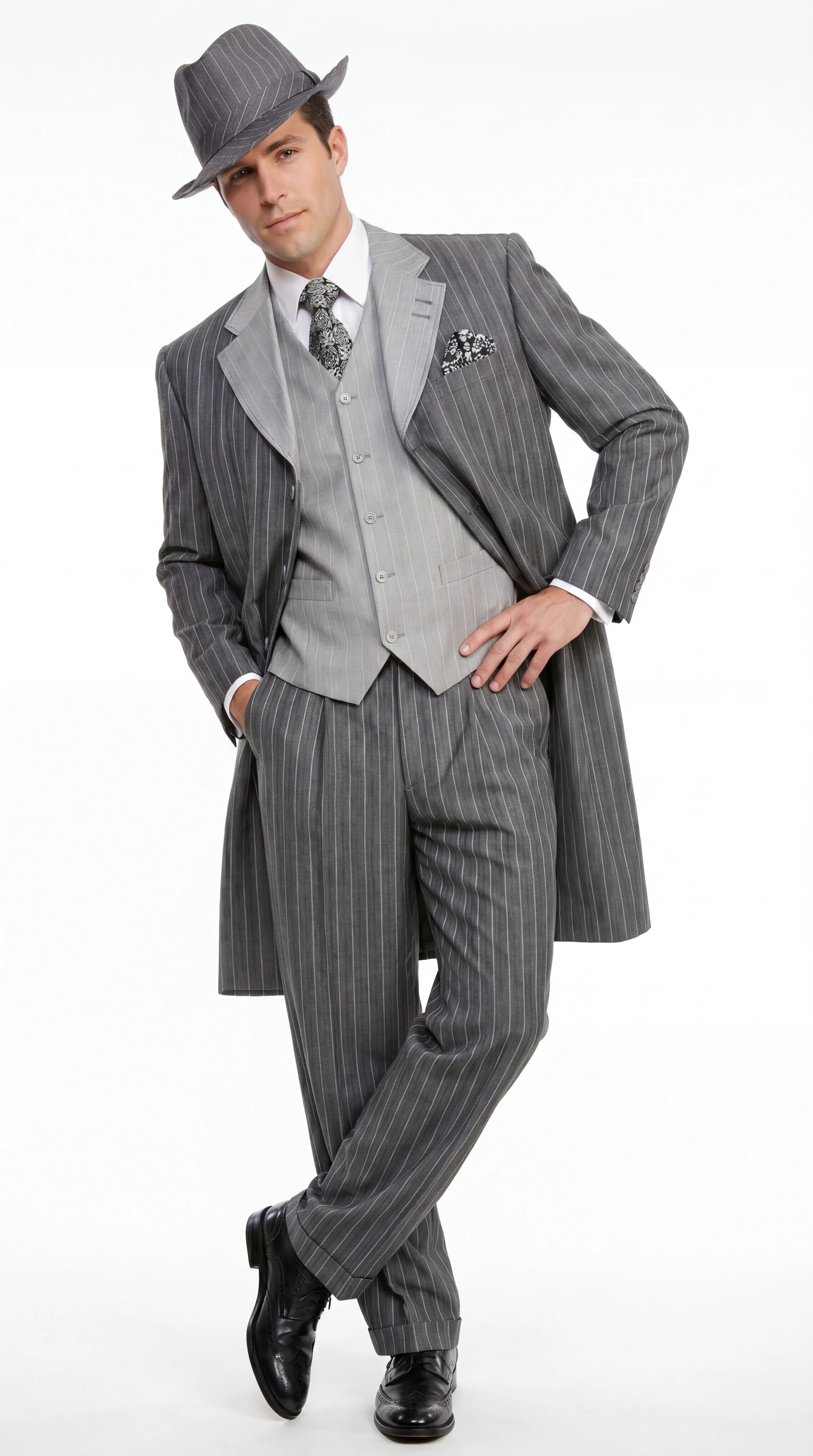 Men’s Grey Pinstripe Zoot Suit 3 Piece – 1920s Gangster Vintage Wide Lapel Suit with Vest for Wedding, Party - Image 7