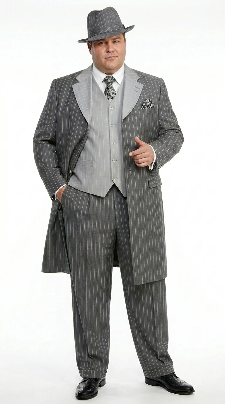Men’s Grey Pinstripe Zoot Suit 3 Piece – 1920s Gangster Vintage Wide Lapel Suit with Vest for Wedding, Party - Image 9