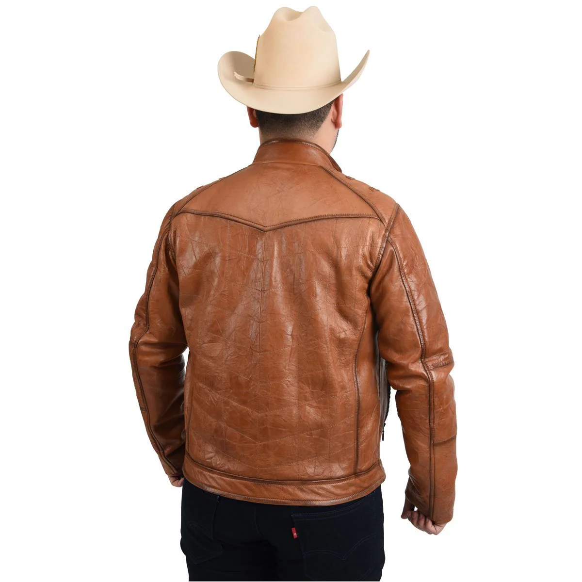 Men’s Honey Fine Leather Cowboy Denim Jacket - Image 2