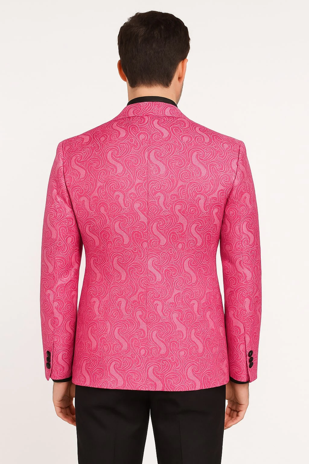 Men’s Hot Pink Tuxedo Suit With Black Pants Paisley Patter with Black Shawl Lapel - Fuchsia Color Prom Suit - Image 2