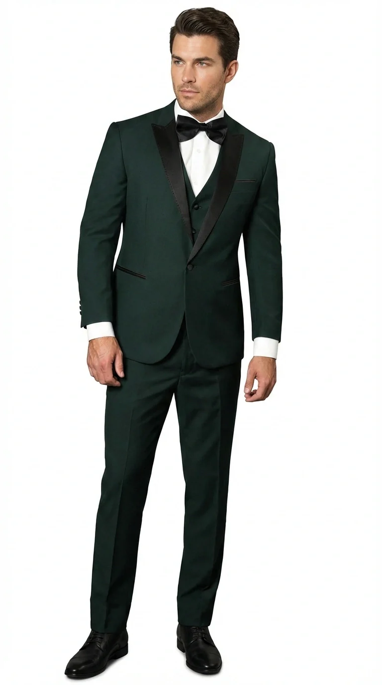 Men’s Hunter Green Tuxedo Suit 3 Piece – One Button Peak Lapel Designer Formal Suit for Wedding, Light Weight Wool By Statement Dark Green - Image 2