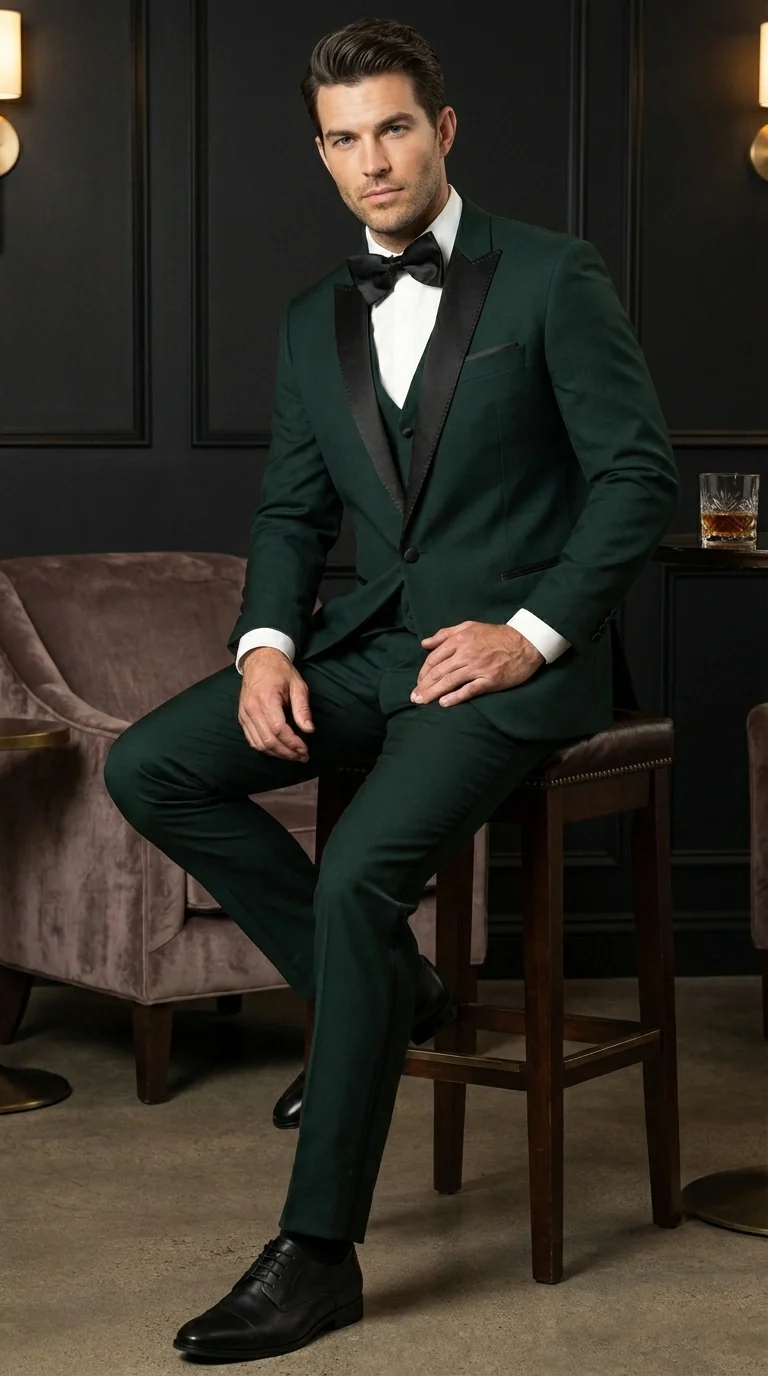 Men’s Hunter Green Tuxedo Suit 3 Piece – One Button Peak Lapel Designer Formal Suit for Wedding, Light Weight Wool By Statement Dark Green - Image 9