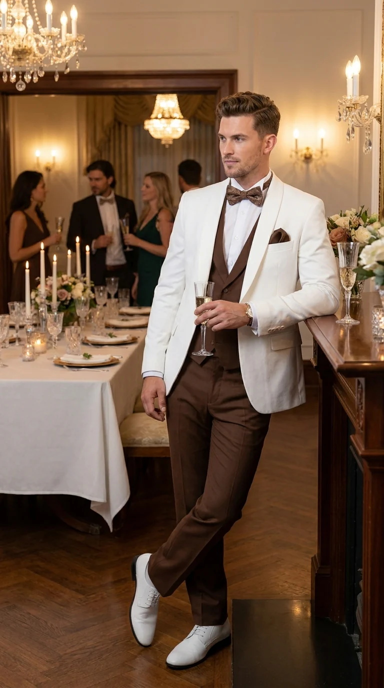 Men’s Ivory and Brown 3 Piece Suit – Elegant White Blazer with Brown Vest and Trousers for Wedding, Prom and Formal Events in off White Cream + Bowtie - Image 10