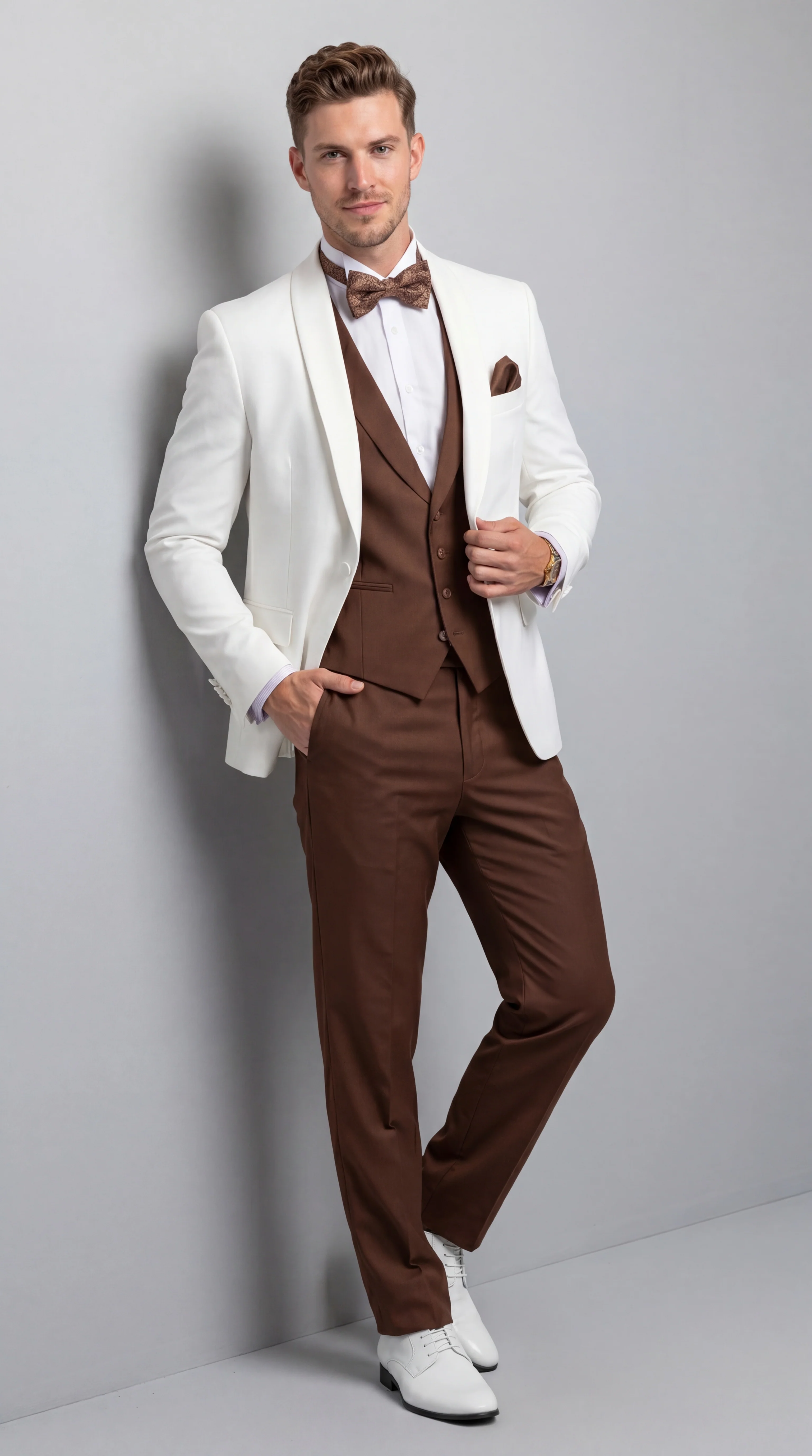 Men’s Ivory and Brown 3 Piece Suit – Elegant White Blazer with Brown Vest and Trousers for Wedding, Prom and Formal Events in off White Cream + Bowtie - Image 11