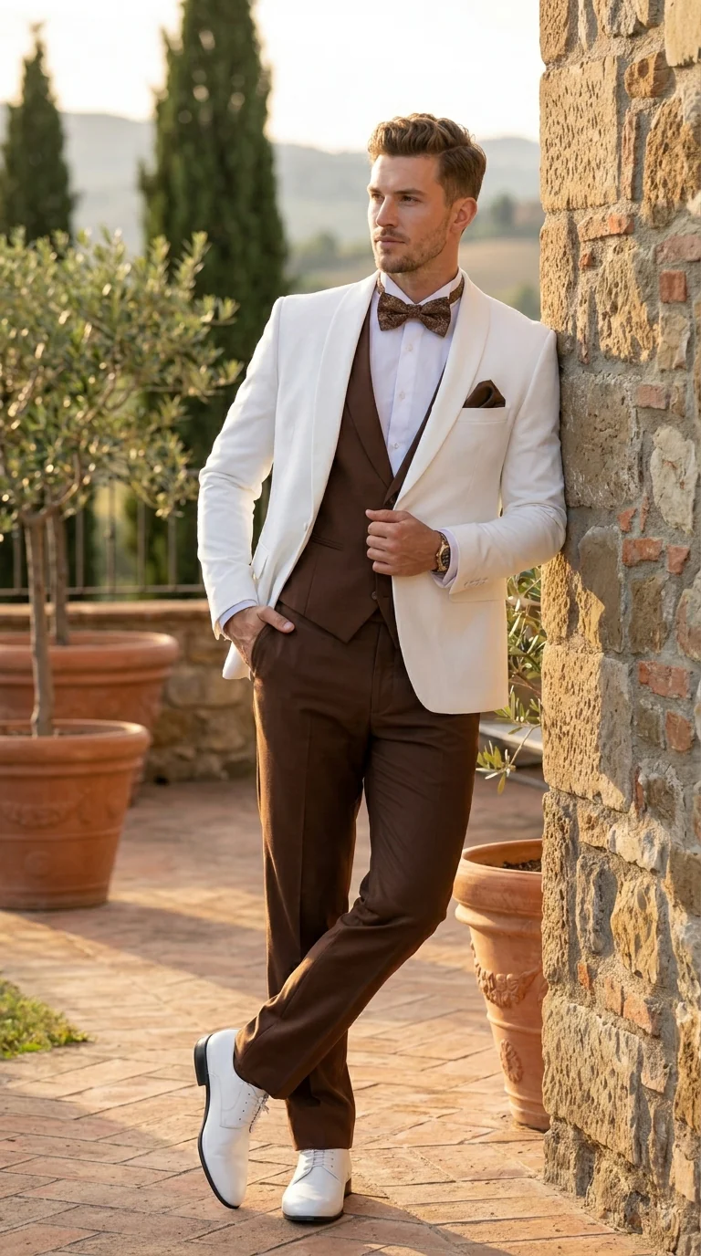 Men’s Ivory and Brown 3 Piece Suit – Elegant White Blazer with Brown Vest and Trousers for Wedding, Prom and Formal Events in off White Cream + Bowtie - Image 13