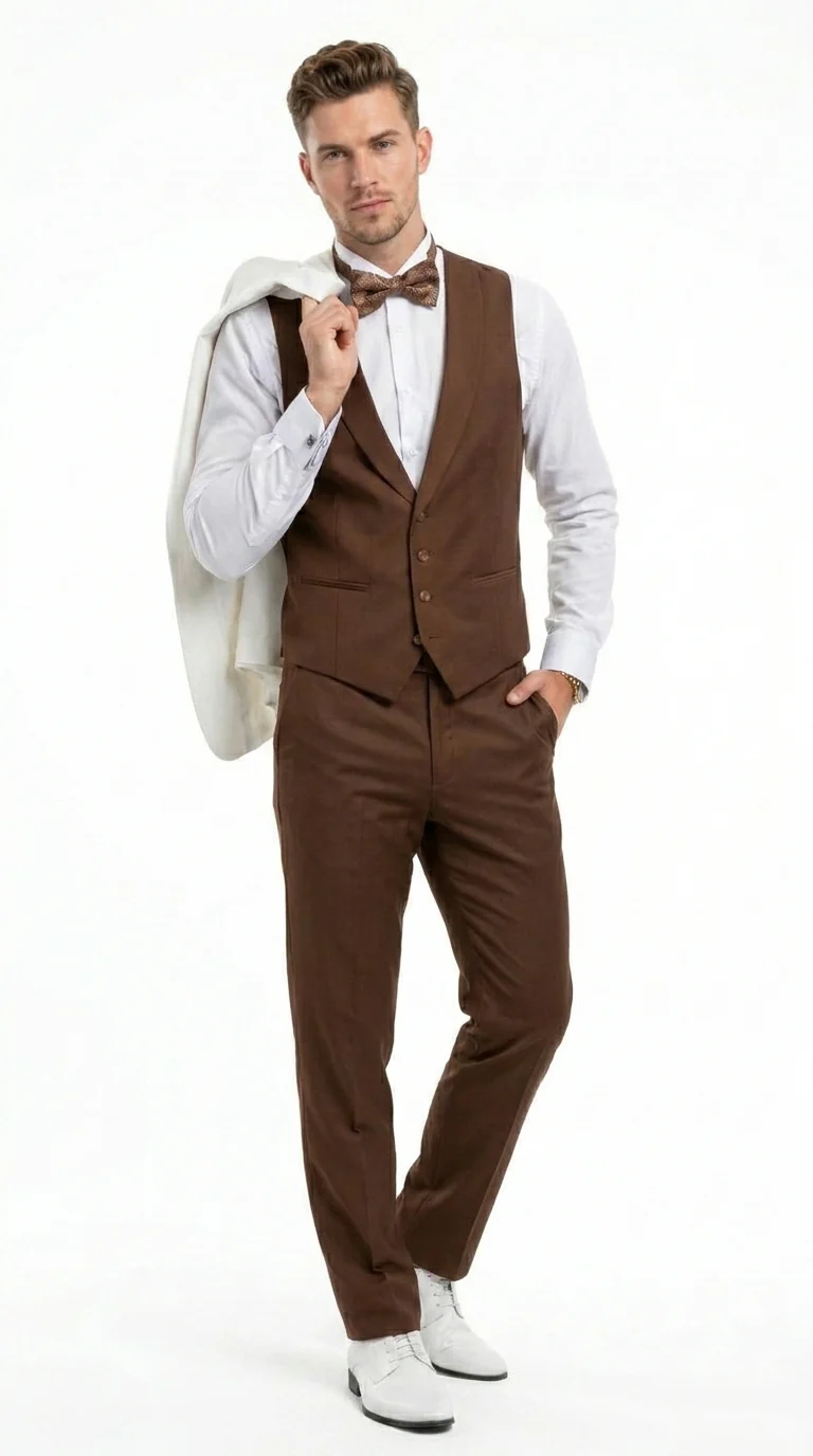 Men’s Ivory and Brown 3 Piece Suit – Elegant White Blazer with Brown Vest and Trousers for Wedding, Prom and Formal Events in off White Cream + Bowtie - Image 4