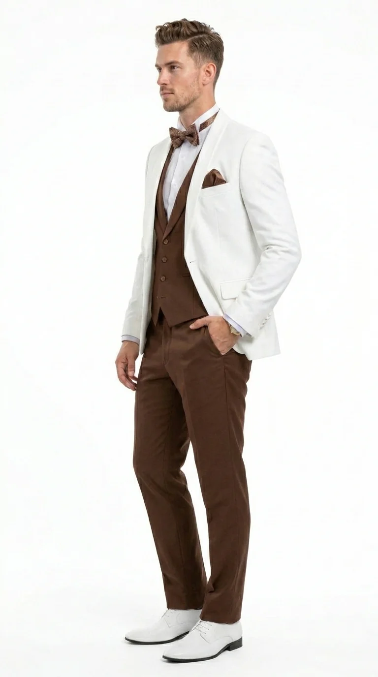Men’s Ivory and Brown 3 Piece Suit – Elegant White Blazer with Brown Vest and Trousers for Wedding, Prom and Formal Events in off White Cream + Bowtie - Image 5