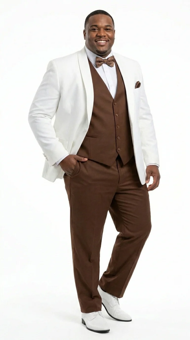 Men’s Ivory and Brown 3 Piece Suit – Elegant White Blazer with Brown Vest and Trousers for Wedding, Prom and Formal Events in off White Cream + Bowtie - Image 6
