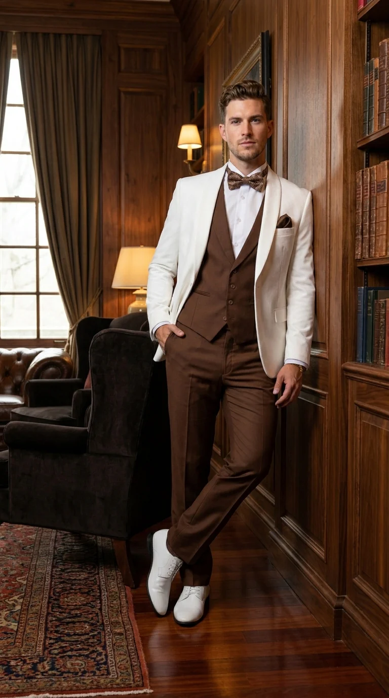 Men’s Ivory and Brown 3 Piece Suit – Elegant White Blazer with Brown Vest and Trousers for Wedding, Prom and Formal Events in off White Cream + Bowtie - Image 8